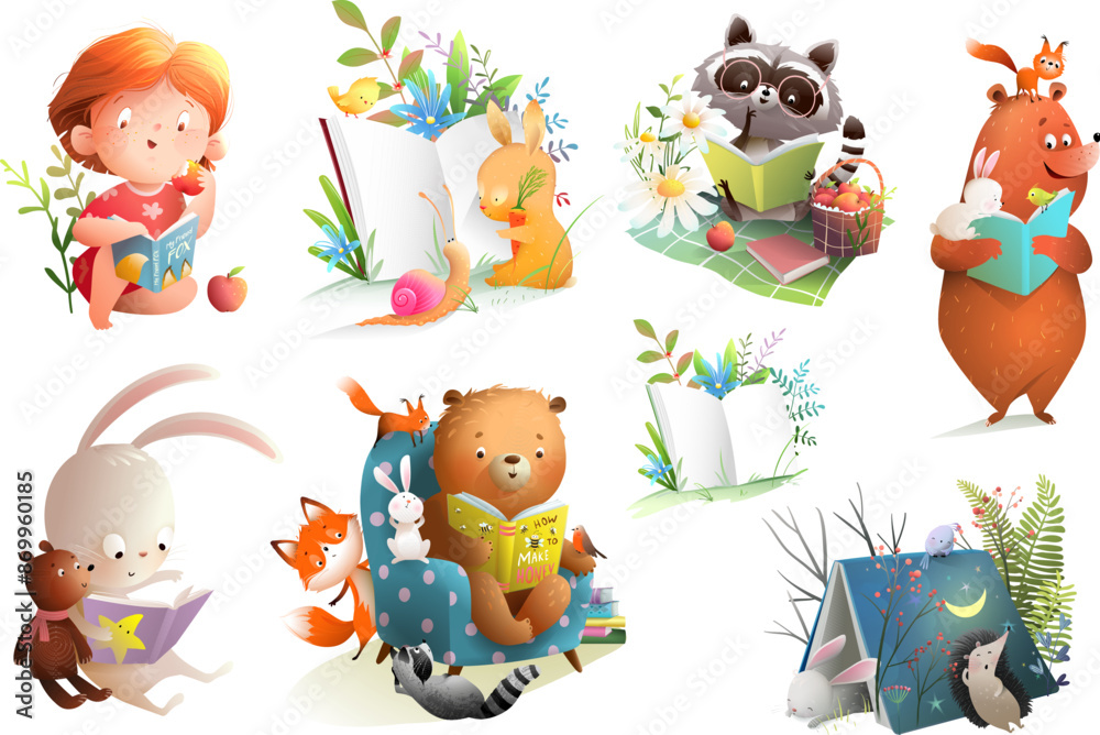 Wall mural animals reading books and studying big clipart collection. animals and kids characters reading books