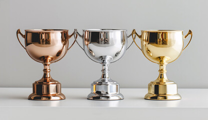 Three trophies in silver, gold, and bronze colors on a white background.