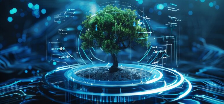 Futuristic digital environment showcasing a tree with technology interface