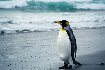 Penguin Walking Along Seaside, with Ocean Waves and Sandy Shore in Background