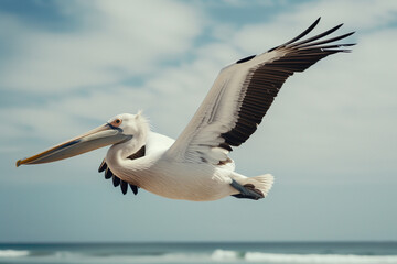 Pelican on Beach with Ocean Backdrop, Capturing Its Serene Coastal Surroundings