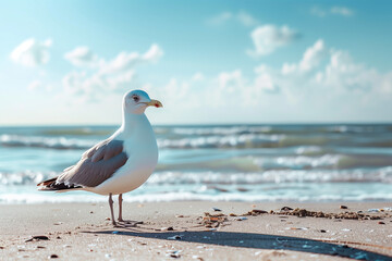 Obraz premium Seagull on Coastal Beach by the Sea, Enjoying Its Natural Environment and Habitat