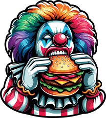 Fototapeta premium Hilarious Clown with Burger Illustration - Perfect for Fun Marketing Campaigns