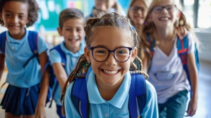 Fototapeta premium A group of children are smiling brightly while standing together in their school uniforms, capturing a moment of unity and joy in an educational environment.