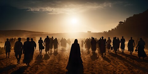 Entering the Promised Land with crowd of people, Bible silhouettes illustration.