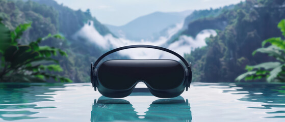 A conceptual spa experience that incorporates virtual reality to transport clients to serene natural environments, enhancing the overall treatment, with copy space high tech