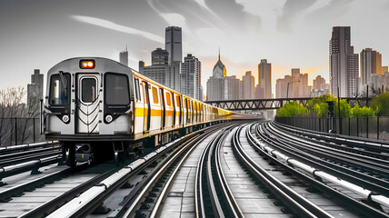 Fototapeta premium Commuter train speeds through city vanishing into skyline, AI Generative.