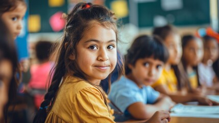 Fototapeta premium A young girl in a yellow dress is attentively looking forward in a classroom, representing the focus, curiosity, and eagerness to learn among her peers.