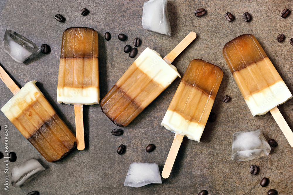 Poster group of coffee and cream popsicles. top down view scattered on a brown background.