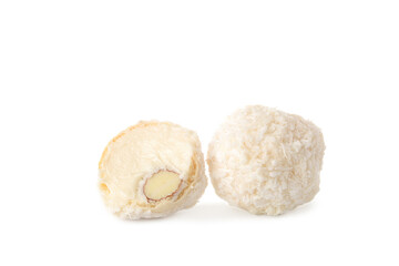 Delicious chocolate candies with coconut topping isolated on white background