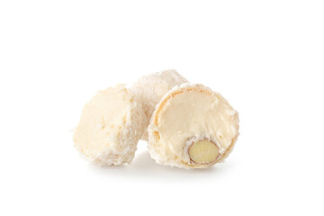Delicious chocolate candies with coconut topping isolated on white background