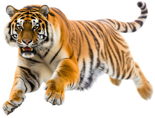 Obraz premium Jumping roaring bengal tiger, stripped orange, black and white wild cat animal isolated on transparent background. Big dangerous and powerful jungle predator hunter, aggressive large safari beast