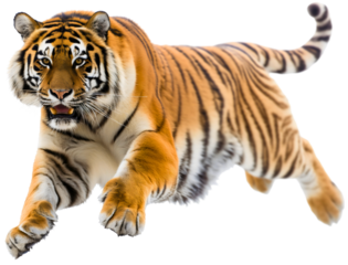Jumping roaring bengal tiger, stripped orange, black and white wild cat animal isolated on transparent background. Big dangerous and powerful jungle predator hunter, aggressive large safari beast