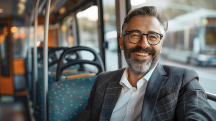 Portrait of a happy, smiling middle-aged businessman wearing eyeglasses, sitting on a public city transport bus seat near the window. Morning job travel and transportation for employee, copy space