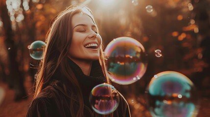 Cheerful couple enjoying colorful bubbles in sunny outdoor setting, playful and joyful scene