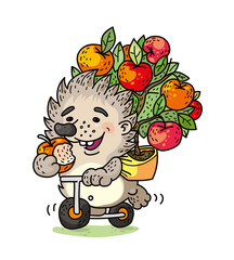 Cute smiling hedgehog courier delivering fresh apples 