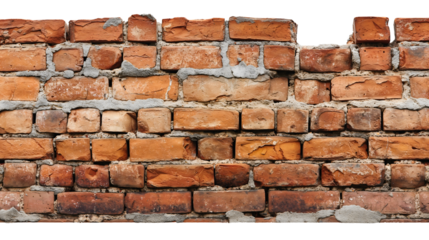 Old red orange brick wall isolated on transparent background. Block texture surface, construction and architecture material backdrop, rough concrete structure, rock solid masonry facade tile