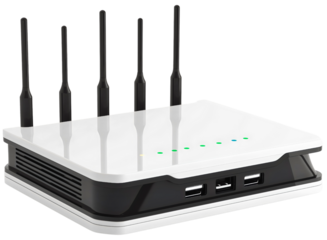 Black and white Wi-Fi internet router device with antenna object isolated on transparent background. Digital wireless network connection equipment, Ethernet modem hardware, server broadband