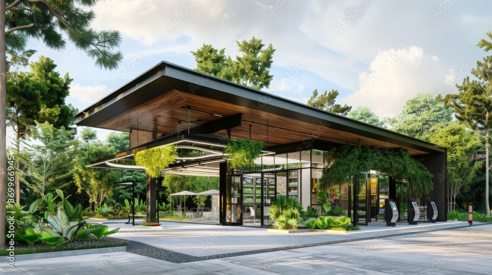 Poster A modern building with a large overhang and surrounding greenery, showcasing a minimalist design and a blend of natural elements.
