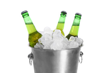 Bucket with bottles of cold beer and ice cubes on white background