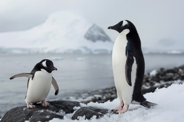 Naklejka premium Two penguins standing on snowy rocks by the icy water in an Antarctic landscape, snow-covered mountains in the background