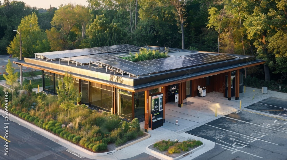 Poster an aerial view of a modern building with a flat roof covered in solar panels and greenery. the build