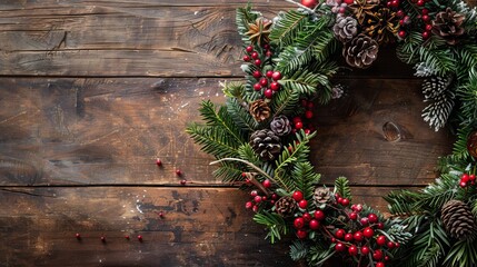 wreaths Christmas themed, laying on a wooden table, desktop or website background 