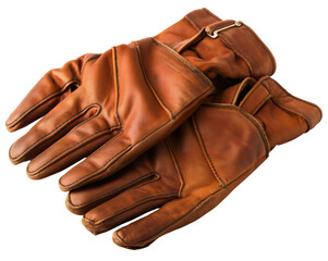 Closeup of a pair of brown leather gloves isolated on transparent background. Vintage classic protective material apparel, motorcycle bike rider equipment