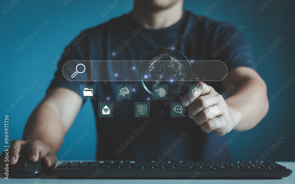 Poster Search with AI (Artificial Intelligence) assistant. A businessman holding a magnifying glass uses a computer to search for virtual screen data. Search Technology, Search Engine Optimization, SEO.