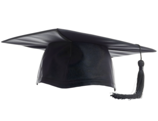 Closeup of black graduation cap tassel isolated on transparent background. Graduate school student education hat, university college diploma ceremony celebration, bachelor uniform object