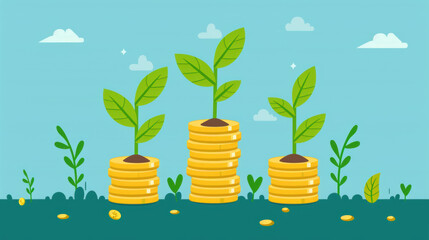 Three plants are growing on top of three stacks of coins