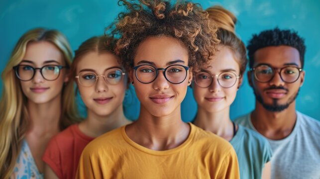 A group of diverse young people wearing eyeglasses. AIG535