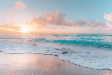 A serene beach at sunrise, with gentle waves, soft sand, and the sky painted in pastel hues of pink and blue