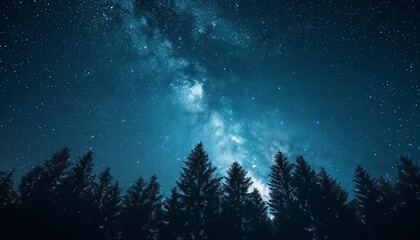 Milky Way over forested landscapes on a summer night, captured in dark sky-blue and black tones. Enhanced with focus stacking and cross-processing, showcasing ethereal silhouettes in space. 🌌🌲