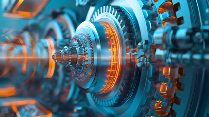 Futuristic engineering machinery mechanism, industrial gear or cogwheel technology engine equipment, factory business manufacturing design concept, steel part connection