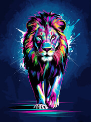 Lion. Artistic, neon color, abstract portrait of a lion walking forward on a dark blue background with watercolor splashes in the style of pop art.