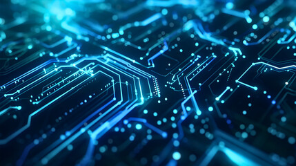 Illustration of blue circuit board futuristic hardware components, computing industry wallpaper, connection lines