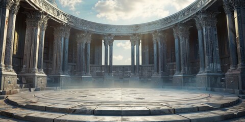 Obraz premium An ancient amphitheater ruin with a dramatic sky backdrop, perfect for historical or fantasy themes.
