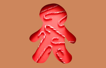 Cut brown paper in shape of gingerbread cookie with Christmas candy canes on red background
