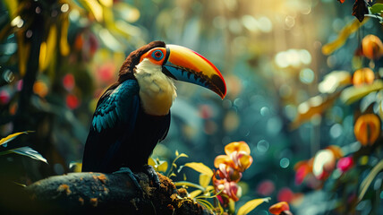 Fototapeta premium Vibrant toucan perching on branch, AI Generative.