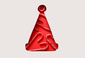 Cut white paper in shape of Santa hat with candy canes on red background