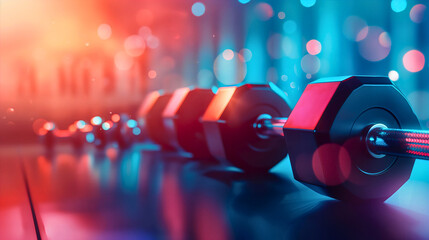 Closeup of gym dumbbells on the floor, bokeh red and blue fitness gymnasium background wallpaper, copy space. Muscle strength training workout exercise, healthy bodybuilding activity equipment