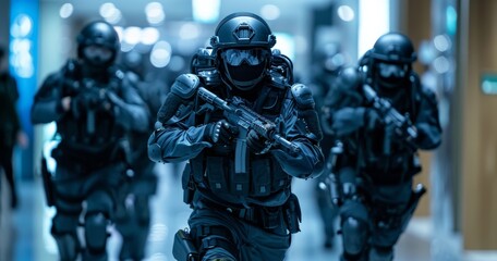 Naklejka premium SWAT team in tactical gear advancing through corridor in intense operation