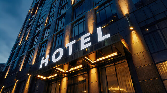 Outdoor front view of luxury hotel building entrance at night illuminated with glowing light text sign. Urban glass facade architecture exterior view, nobody, empty, door, tourism resort place