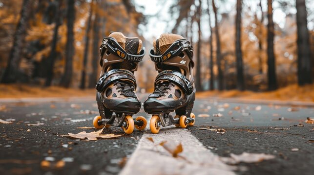 Black rollerblades on an empty park pathway in autumn. Concept of outdoor activity, sports, autumn season, leisure, roller Skates