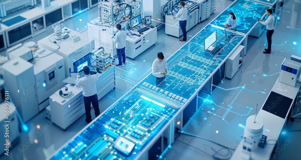 Poster group of engineers working in a technologically advanced laboratory with holographic interface
