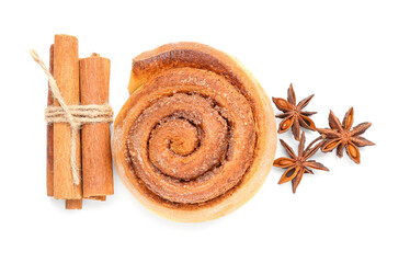 Tasty cinnamon roll on white background
