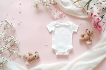 mock-up baby bodysuit white on a light background, top view. High quality photo
