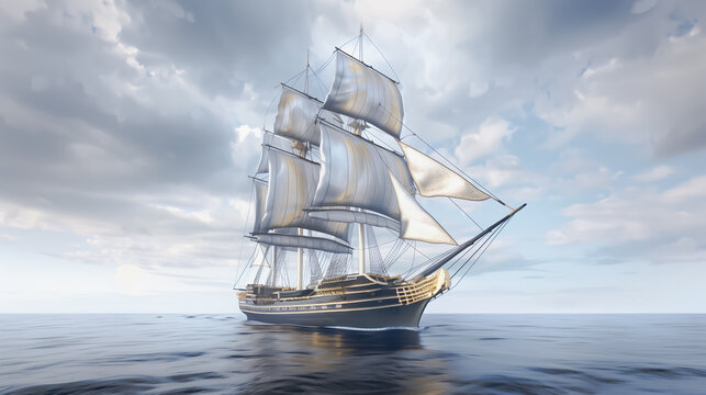 Large clipper ship with white sails and blue body on open sea