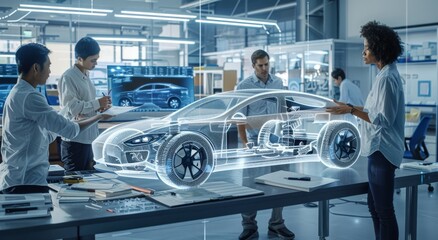 Team of designers and engineers collaborating on a futuristic car project with holographic technology